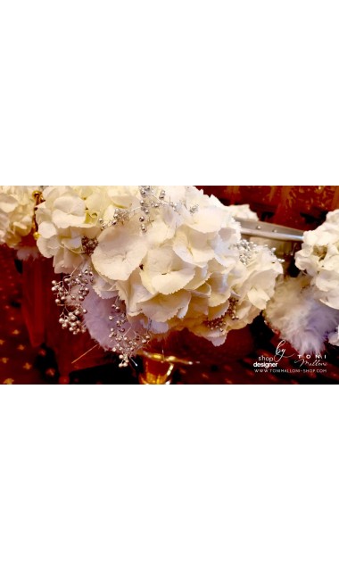 Decor cristelnita botez cu hortensii albe flori silver dantela alba si aplicatii pene fulgi albi 7